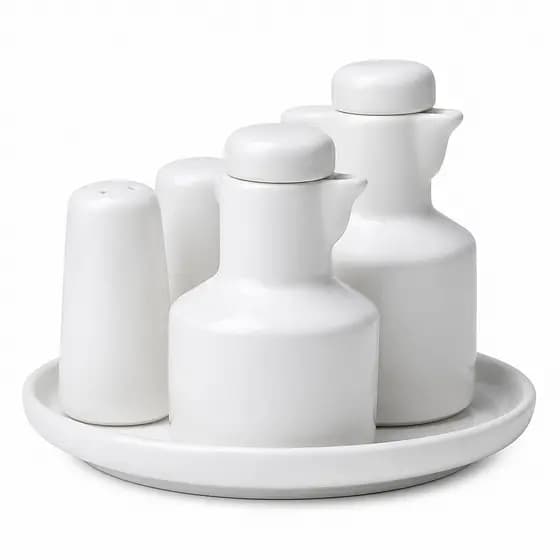 Kit Galheteiro 5 peças Azeite, Vinagre, Sal e Paliteiro ,Porcelana Branca,vai ao forno e micro ondas