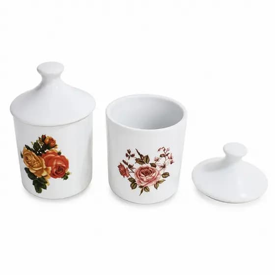 Kit 2 potes Açucareirosou lavabo 300 ML c/tampa - Porcelana - Decorado,VAI AO FORNO E MICRO ONDAS