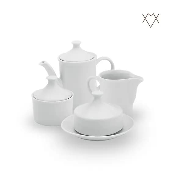 Kit Café Chá com Bule 650ml Leiteira 350ml Açucareiro 250ml e Mategueira com Tampa 110ml Porcelana Branca Louça