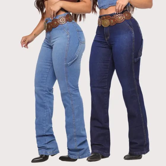 Kit 2 Calças Feminina Carpinteira Country Jeans Montaria Texana Lycra Elastano Rodeio Pura Raça