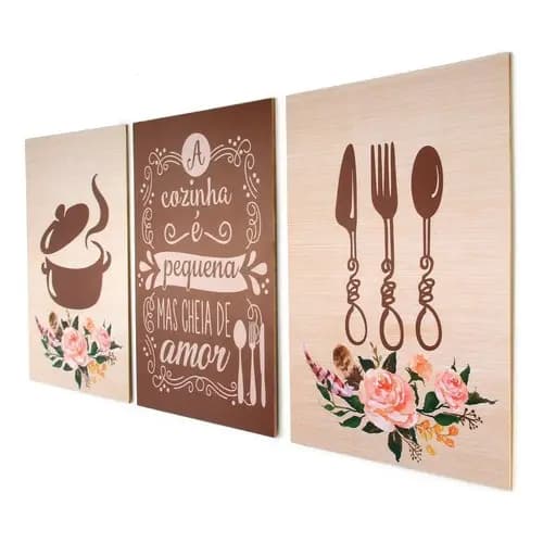 Quadro Decorativo Cozinha Panela e Talheres Marrom Copa Cantinho Gourmet minimalista.