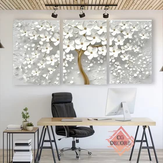 Quadro Decorativo 3 Peças 60X120 Flores Cerejeiras Brancas Dourada Quarto Sala