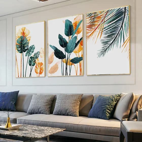 Quadro Decorativo 3 peças 60x40 Mosaico Mdf Full HD planta folhas cactus verde dourado para quarto sala hall