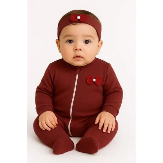 Macacão de Zíper para Bebê Menina Detalhe Lacinho Suedine com Faixinha de Cabelo Moda Infantil
