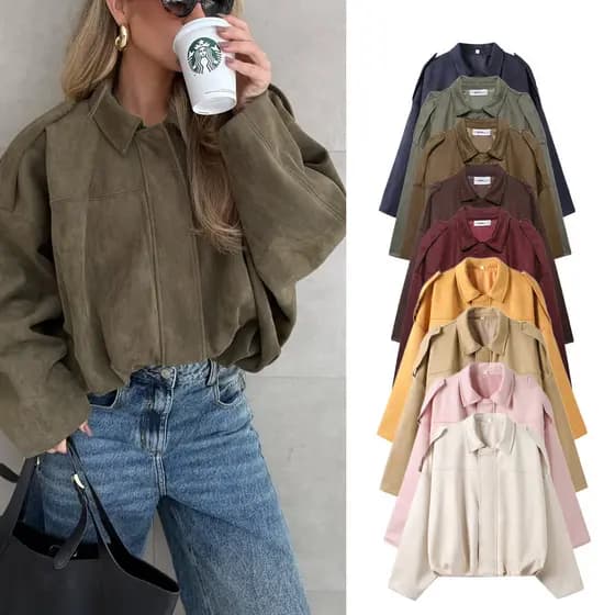 Roupas femininas transfronteiriças em estoque para atacado, jaqueta solta de camurça estilo europeu e americano, jaqueta