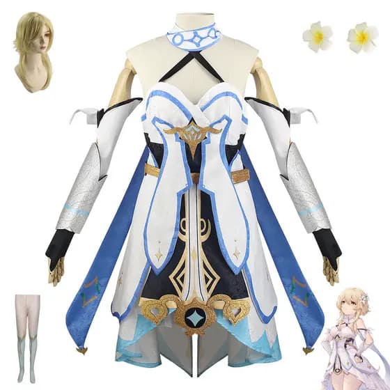 Conjunto completo de cosplay da Viajante Lumine de Genshin Impact da miHoYo.
