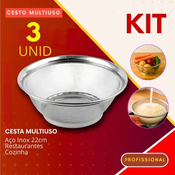 Kit Cesta de Inox Multiuso Escorrer Massa Cesto Arroz Lavar Legumes Frutas para Cozinha Restaurante