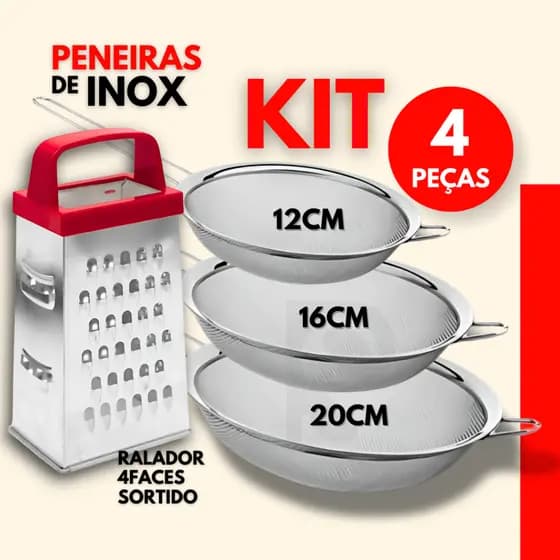 Kit Ralador 4 Faces + Peneira Inox Coador Cozinha Confeitaria Padaria Restaurante Rala Queijo