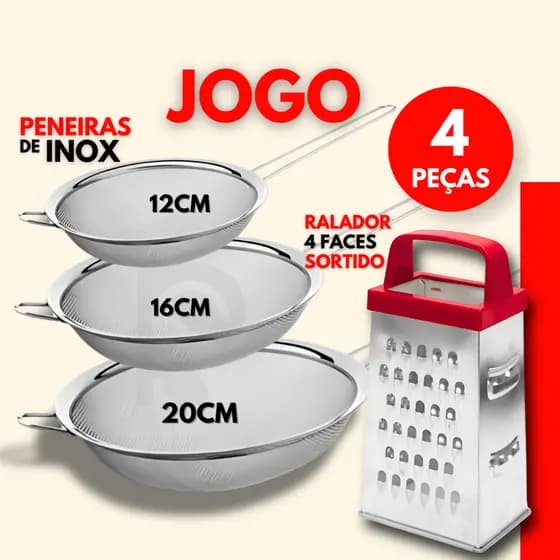 Kit - Peneira Inox + Ralador 4 Faces Sortido Cozinha Confeitaria Padaria Restaurante Bolo Queijo