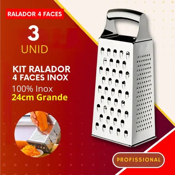 Ralador 4 Faces 24cm 1,2 ou 3 Peças Inox Multiuso Rala Queijo para Cozinha Restaurante Buffet