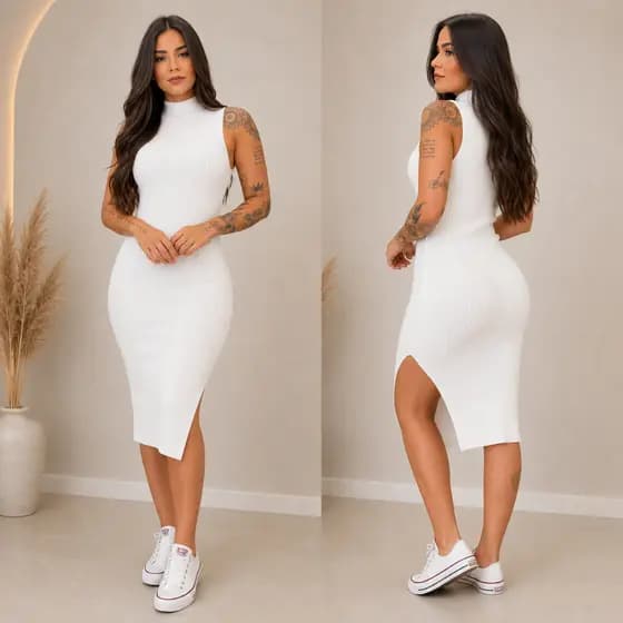 Vestido Midi Canelado Feminino Regata Fenda Lateral Justo Elegante Moda Casual P ao GG