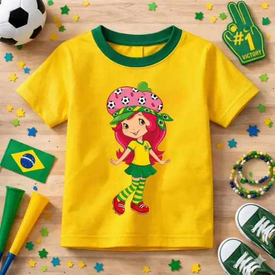 Camiseta Infantil Moranguinho Do Brasil Estampada Copa Do Mundo Algodão Macio Lançamento Crianças