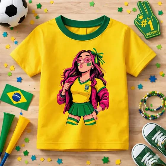 Camiseta Infantil Emily Vick Brasil Estampada Copa Do Mundo Algodão Macio Lançamento Crianças