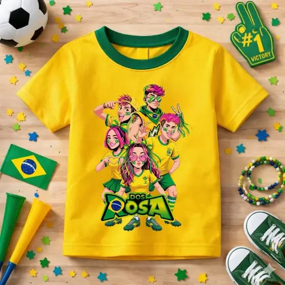 Camiseta Infantil Dos Rosa Youtuber Brasil Estampada Copa Do Mundo Algodão Macio Lançamento Crianças