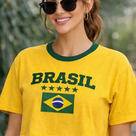 Cropped Brasil Feminino Estampa Bandeira Algodão 30.1 Baby Look Estiloso Tendência