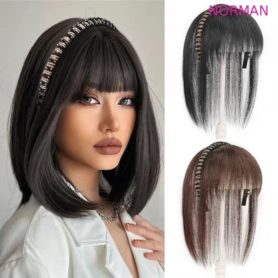 NORMAN Cabelo Hoop Franja Extensão Do Capa De Branco Senhoras Menina Feminino Preto Em Linha Reta Peruca
