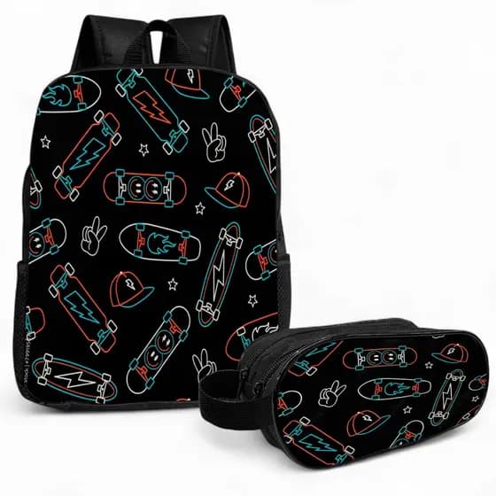 Kit Escolar Mochila 10 Litros + Estojo 2 Zíperes Lápis Infantil Skates Alça Ajustavél Creche Nylon