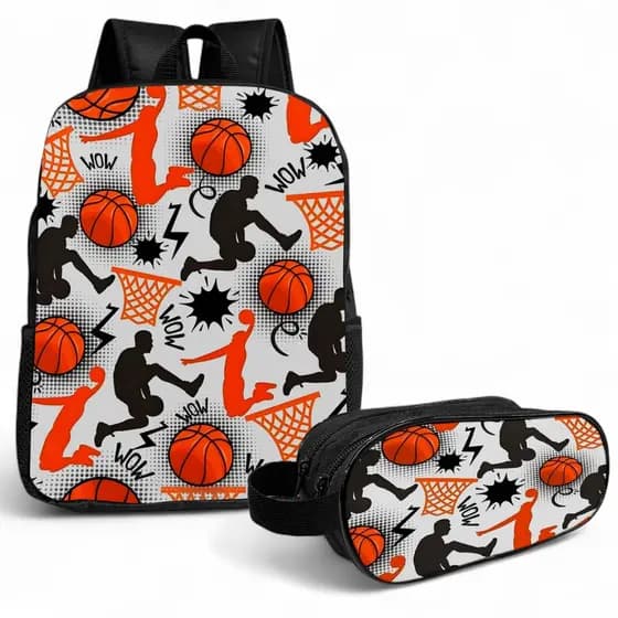 Kit Escolar Mochila 10 Litros + Estojo 2 Zíperes Lápis Infantil Basquete Alça Ajustavél Creche Nylon