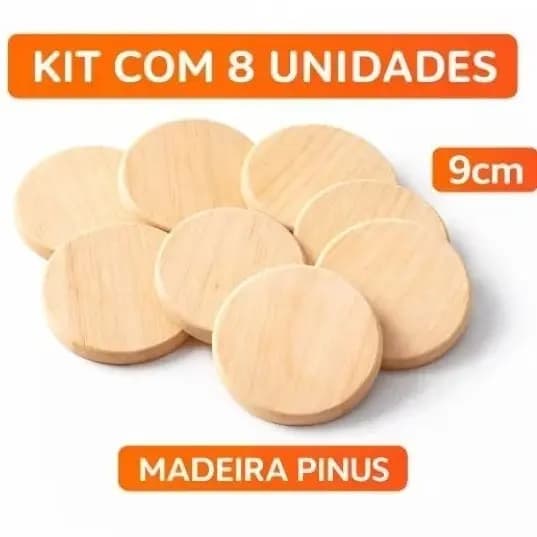 Kit 8 Tábuas Redondas bolachas Madeira 9cm Pinus Para Artesanato Pintura DIY