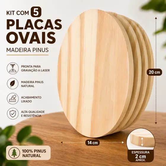 Kit 5 Placas Madeira Pinus Oval 20x14cm Para Laser Artesanato Personalização Cru