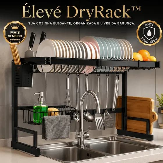 Escorredor de Louças Suspenso Grande Preto Fosco Premium Anti Ferrugem Organizador de Pia Élevé DryRack™