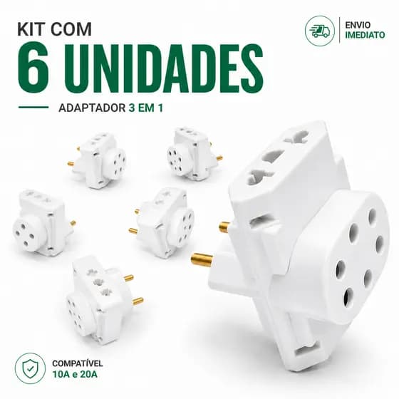 Tomada Adaptador Benjamin T 10A Bivolt 20A Kit 3 Entradas Pino Resistente Universal Plug Reforçado
