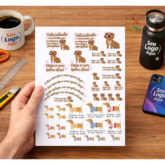 IMPRESSÃO DTF-UV colante, adesivo, stickers- Folha A4 frases motivacionais, desenho Cachorro