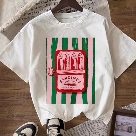 Blusa Básica Feminina Lata Sardinha T-Shirt Gola Redonda 100% Algodão Tendência