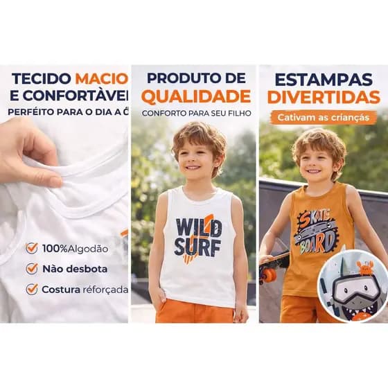 Kit 5 Regatas Infantis Masculinos – Tamanhos 2, 4, 6 e 8 Anos