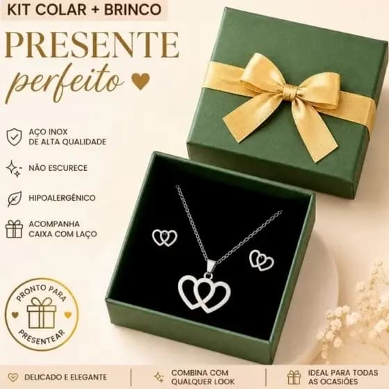 Kit Presente Colar e Brinco Dourado| Não Escurece| Hipoalergênico |Caixa com Laço| Aço Inoxidável| Feminino