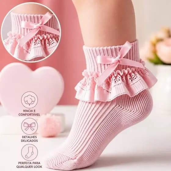 Kit 1 ou 2 Pares| Meia Infantil Menina com Renda e Laço | Meia Princesa Bebê | Meia Social Batizado Festa Aniversário