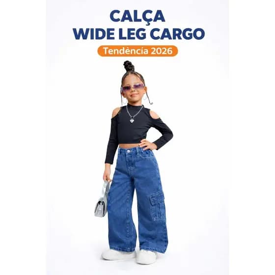Calça Wide Leg Infantil Cargo Jeans Bolso Lateral Moda Blogueirinha Tendência 2026 Menina Tam 2 ao 16