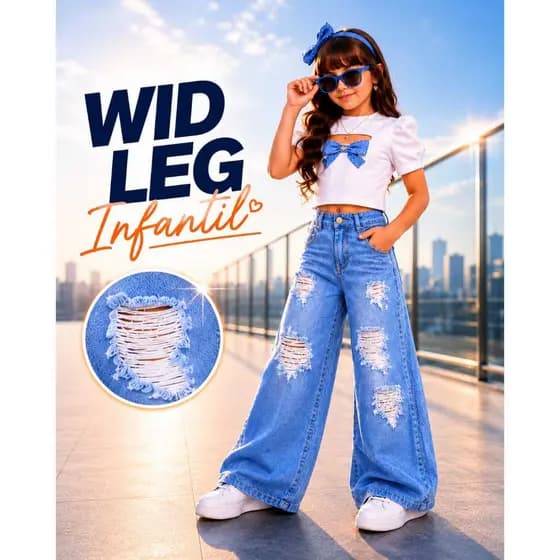 Calça Wide Leg Infantil Jeans Menina Destroyed Blogueirinha Fashion Tam 2 ao 8