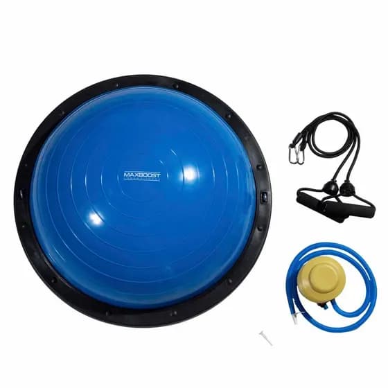Kit Meia Bola Azul Suiça 58 cm Alças Bomba De Encher Pilates Yoga