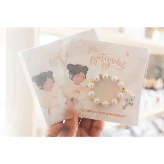 Lembrancinha mini terço Menina com tag de agradecimento para Batismo, Primeira Eucaritia / Comunhão