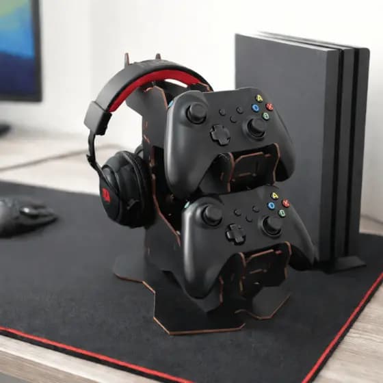 Suporte Organizador Porta Controle e Fone PS5 / PS4 Xbox MDF Preto Gamer - 22,5x15x23cm