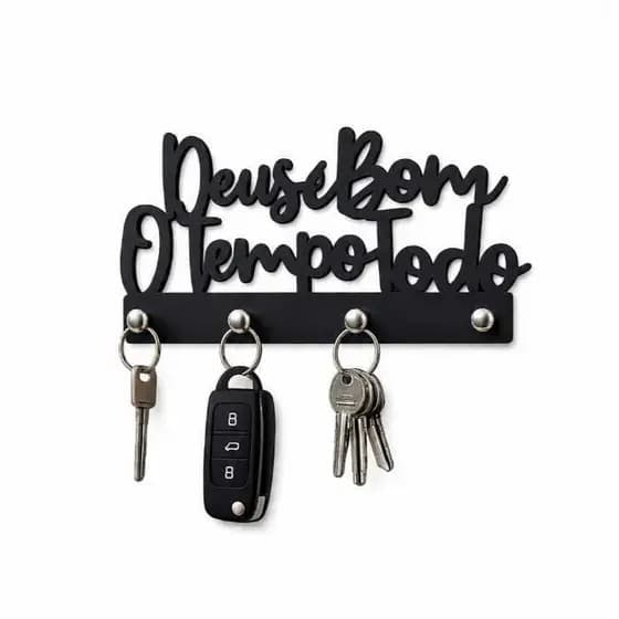Porta Chave Frase Deus é Bom o Tempo Todo em Mdf Preto Decorativo 21x11cm 4 Ganchos