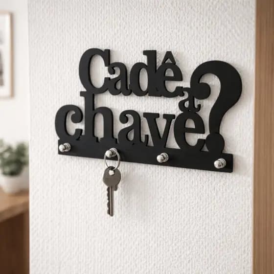 Porta Chaves de Parede Cadê a Chave Decoração MDF Preto 20x10cm com 4 Suportes