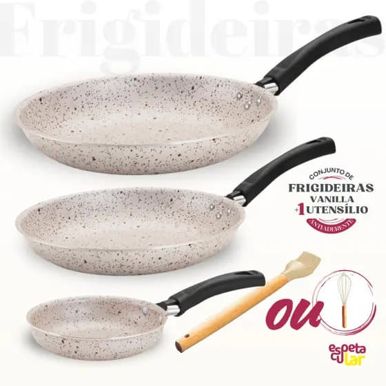 Jogo 3 Frigideiras Antiaderente Teflonada Bege, Cinza Vermelha + 1 Utensílio de Silicone