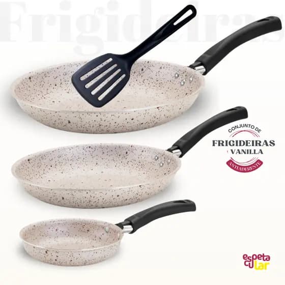 Jogo De Frigideiras 3 Peças Antiaderente Teflonada Teflon 6 camadas Bege, Cinza e Vermelho