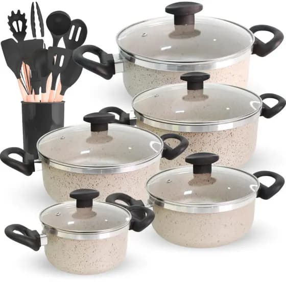 Jogo Panelas Antiaderente + Kit de Utensílios Bege Cinza Vermelha Cozinha Completa 17 Peças