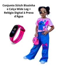 Conjunto infantil menina juvenil Blusinha STiTCH Calça Wide Leg + relógio
