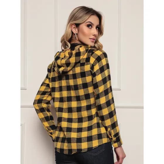 camisa feminina Flanelada xadrez com Capuz blusa Feminino flanela xadrez Quadriculada
