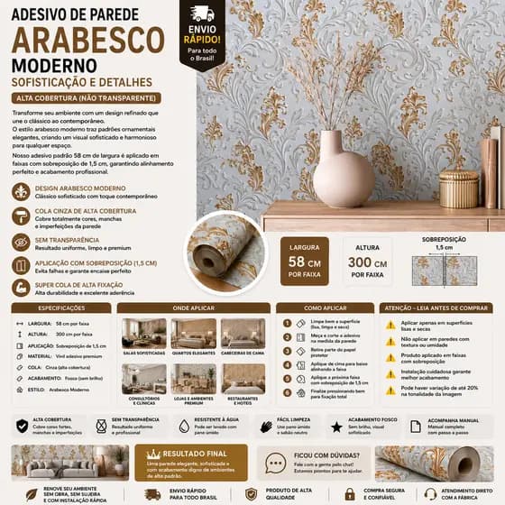 Adesivo de Parede Arabesco Moderno 58x300cm Alta Cobertura Cola Cinza Decorativo Premium