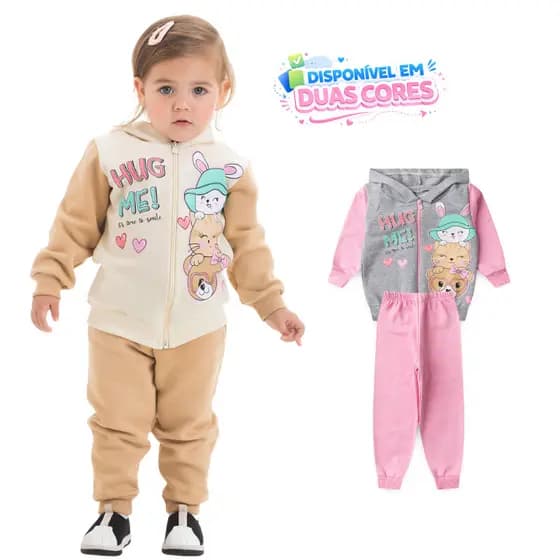 Conjunto Infantil Inverno Feminino Moletom Peluciado Jaqueta com Zíper e Capuz Estampa Frontal Hug Me