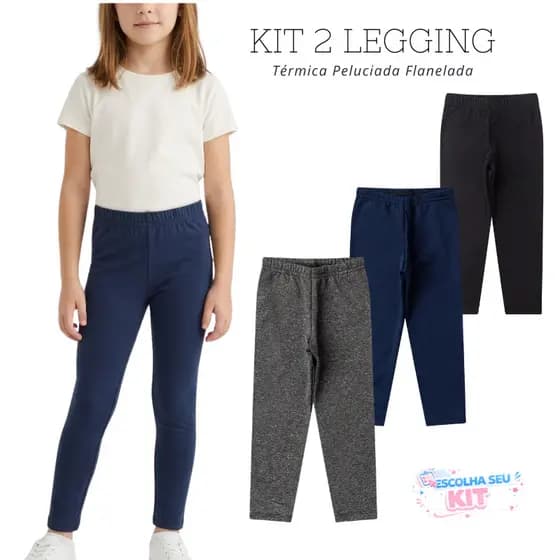 Kit 2 Legging Escolar Infantil Menina Feminina Flanelada Térmica Suplex Segunda Pele Azul Marinho Preto Mescla 1 Ao 10