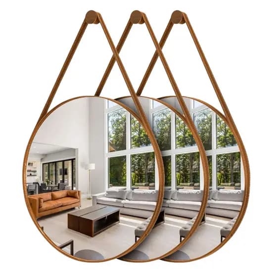 Kit 3 Espelhos Redondos Adnet Moderno Lavabo Quarto Sala Banheiro Alça Em Couro 60cm C/ Pino Suporte