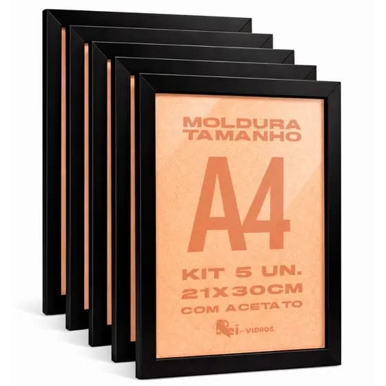 Kit 5 Moldura A4 21x30 Certificado Fotografia Acetato Preto e Branco Moldura para Fotográfias