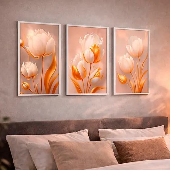 Quadro Flore Tulipa Brilhante 3 Peças Quadro Para Sala Quarto Decoração Tulipas Douradas Golds