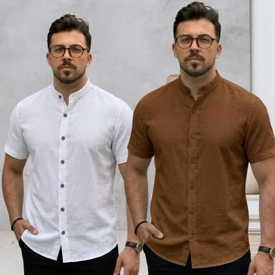 Kit 2 Camisa Masculina Linho Premium Gola Padre Manga Curta Luxo Elegante Versátil